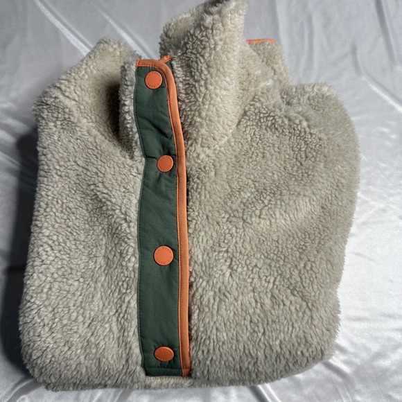 L.L. Bean Womens 3XL Sherpa Fleece Pullover Button Up Jacket Beige Green Orange - Picture 16 of 16